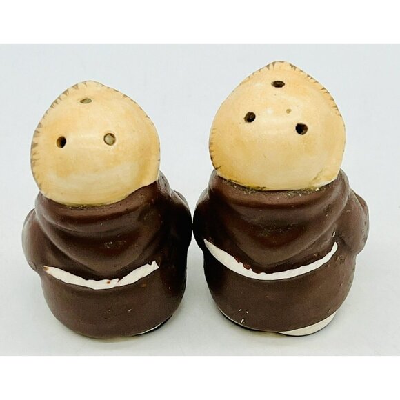 Friar Tuck Salt Pepper Shakers 2.5 inch Ceramic Cork Stoppers Vintage - Picture 3 of 6